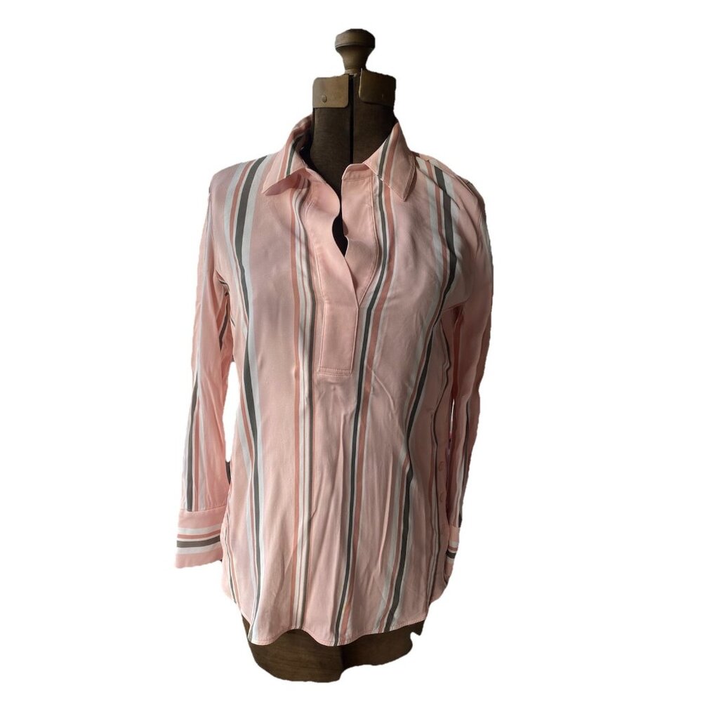 Lafayette 148 New York Pink Venida Parasol Stripe Long Sleeve Crepe Blouse XS